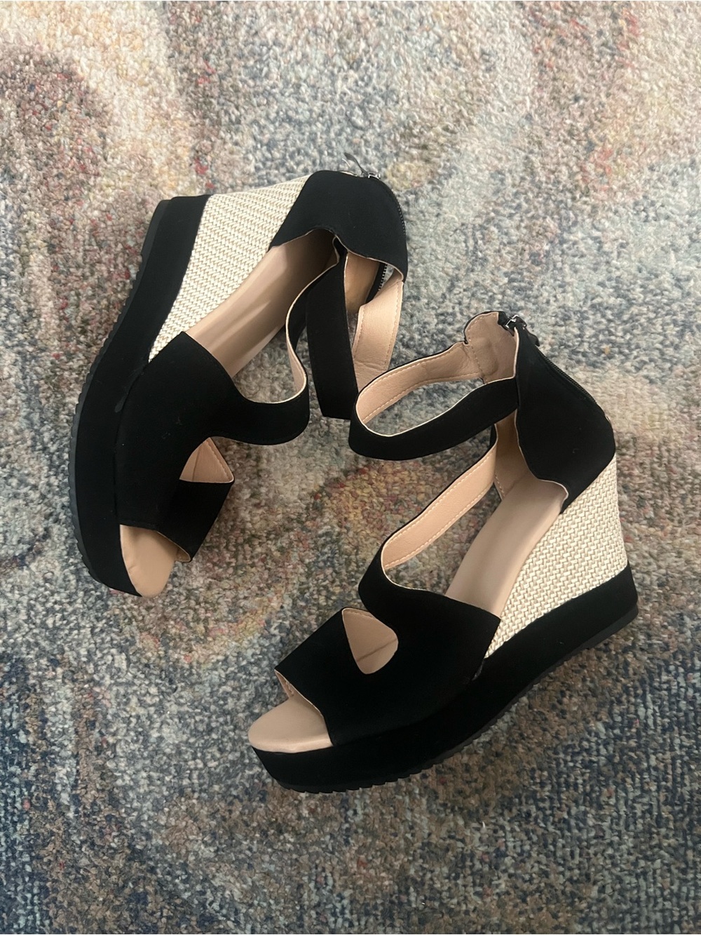 Black Wedge Sandals with Cream Woven Heel